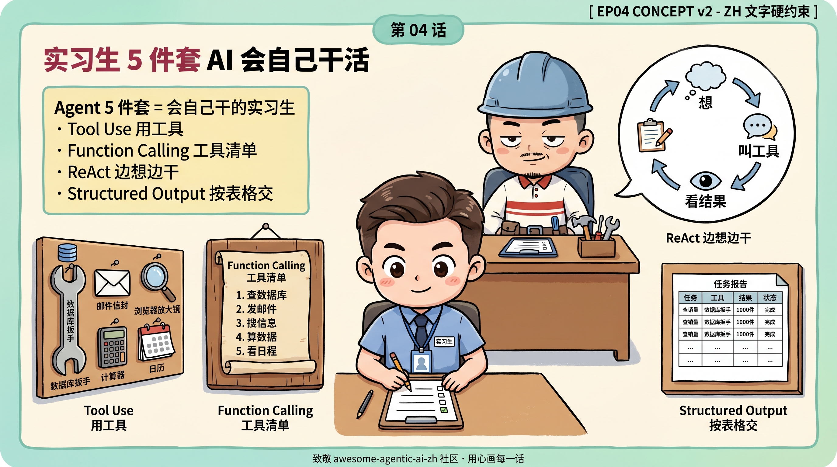 第 04 话 — Agent 是『会自己干的实习生』· Tool Use 是『实习生会用工具(查数据库/发邮件)』· Function Calling 是『公司开的可用工具清单』· ReAct 是『实习生边想边干(Reason+Act 循环)』· Structured Output 是『交报告必须按表格填』。