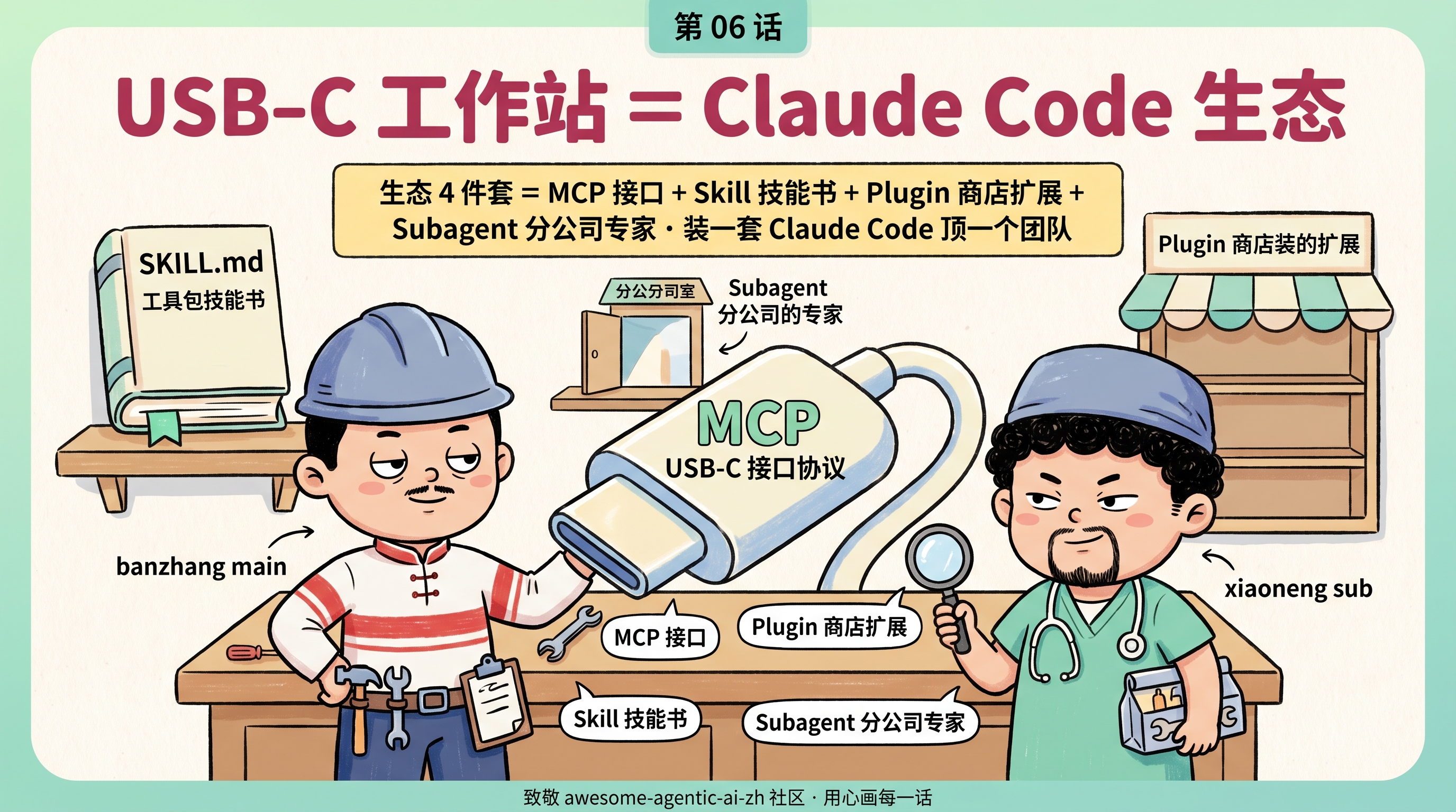 第 06 话 — Claude Code 生态 4 件套:MCP 是『USB-C 接口协议』让所有工具都能插 · Skill 是『工具包技能书』(教 Claude 做某事)· Plugin 是『商店装的扩展』· Subagent 是『分公司的专家,叫过去才能用』。